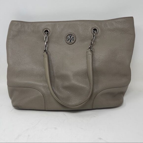 Tory Burch Whipstitch Logo Tote in French Gray #29668 Pebbled Leather Dust Bag - Picture 2 of 11